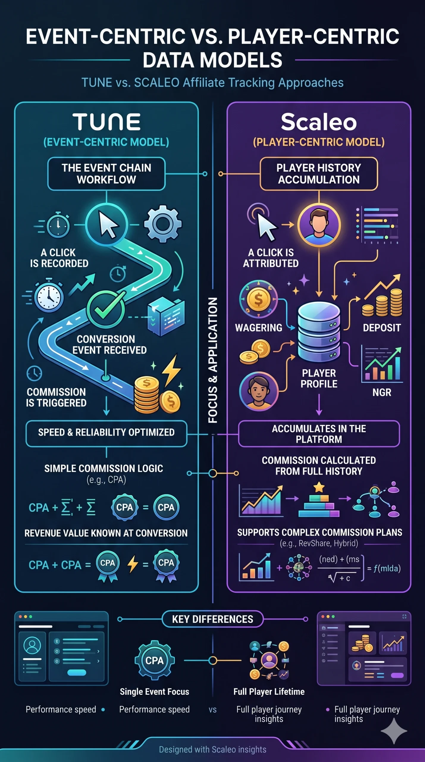 "Event-Centric" (TUNE) vs. "Player-Centric" (Scaleo) data models