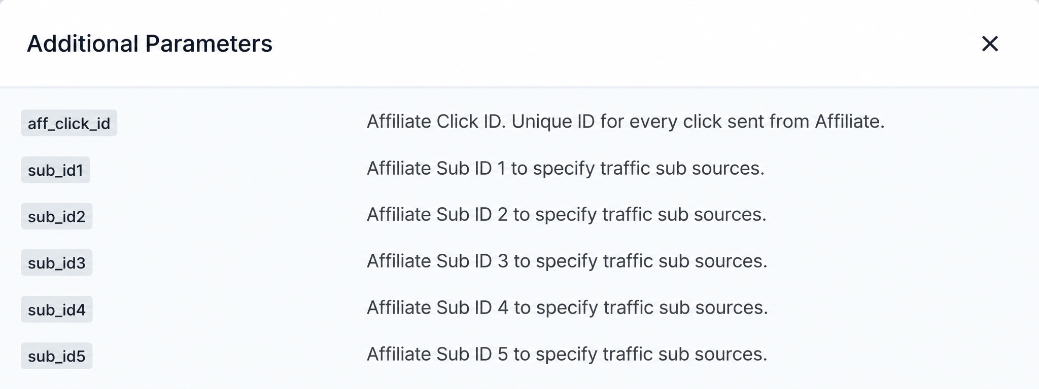 Scaleo affiliate software Additional Parameters panel listing affiliate click ID and five SubID fields for traffic sources