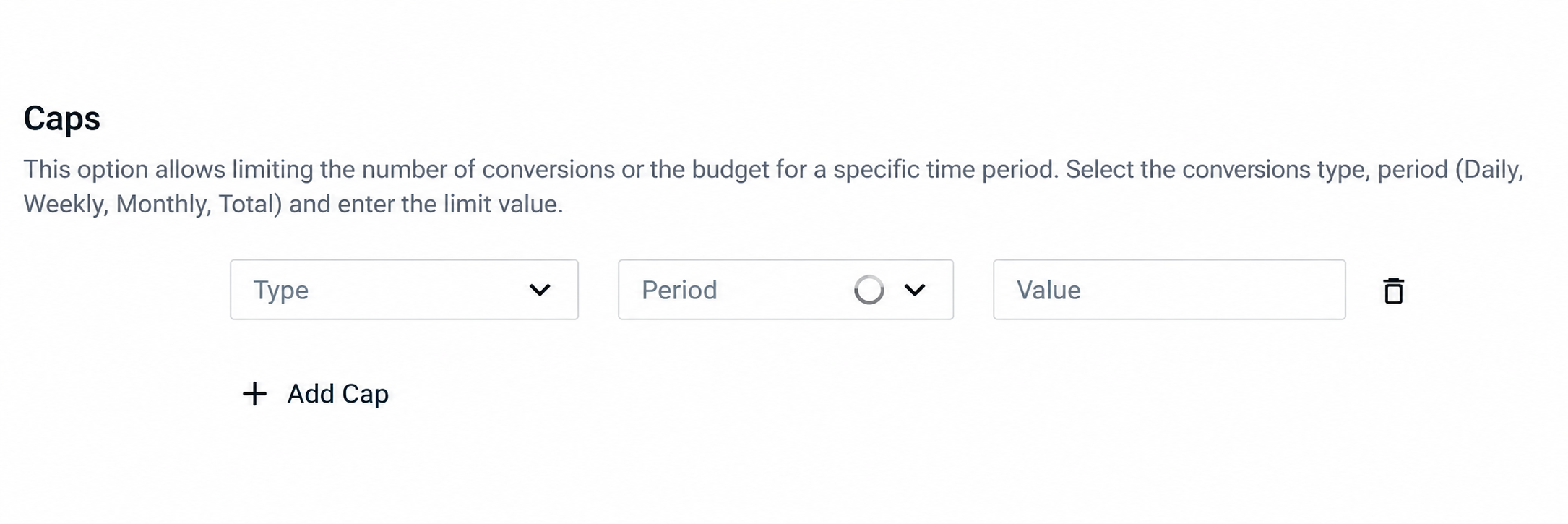 Scaleo iGaming affiliate software Caps panel with conversion or budget cap Type, Period and Value fields