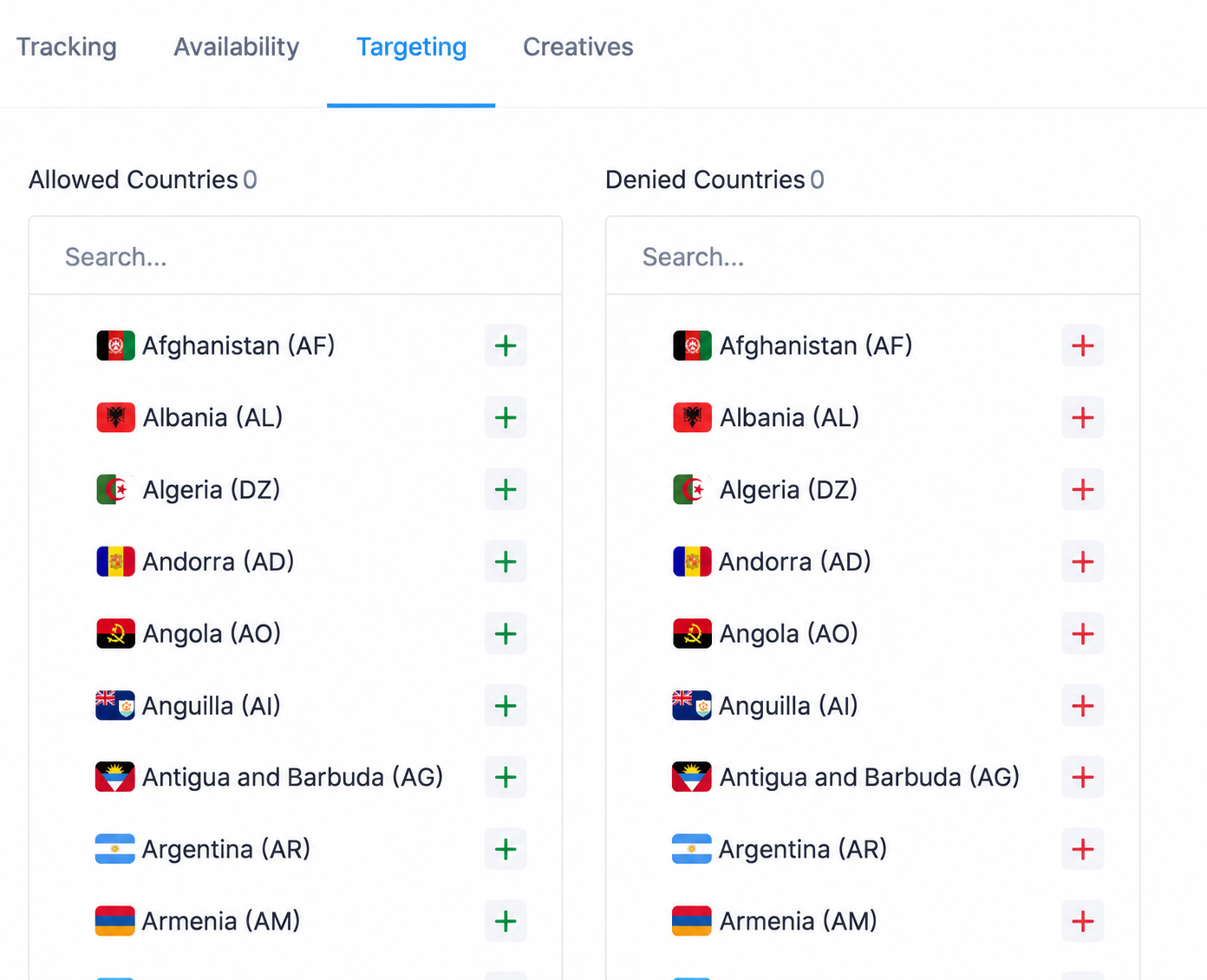 Scaleo iGaming affiliate software Targeting panel with Allowed Countries and Denied Countries selectors for an offer