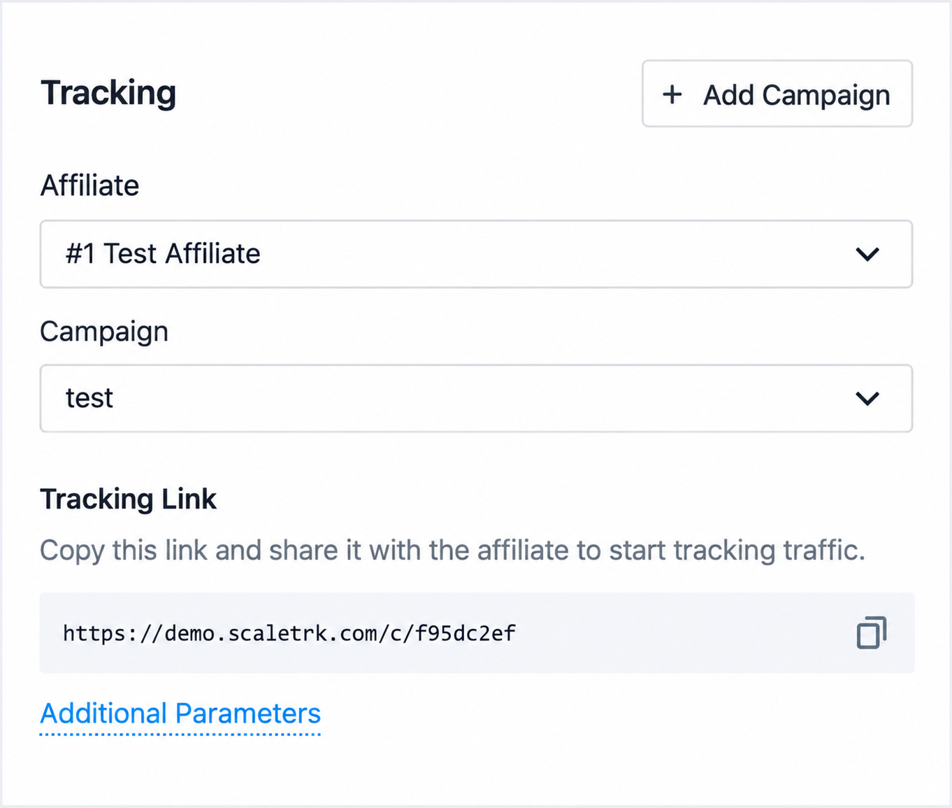 Scaleo affiliate software offer tracking panel with affiliate and campaign selections, a tracking link and additional parameters