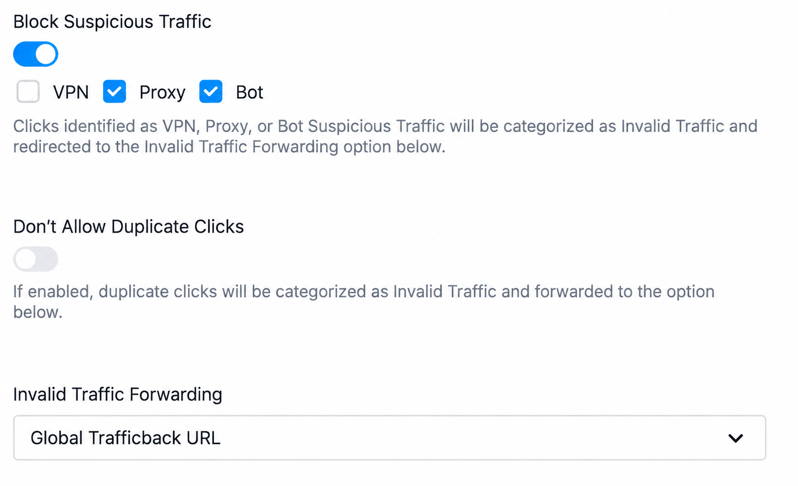 Scaleo iGaming affiliate software tracking options with proxy and bot blocking, duplicate-click control and invalid traffic forwarding